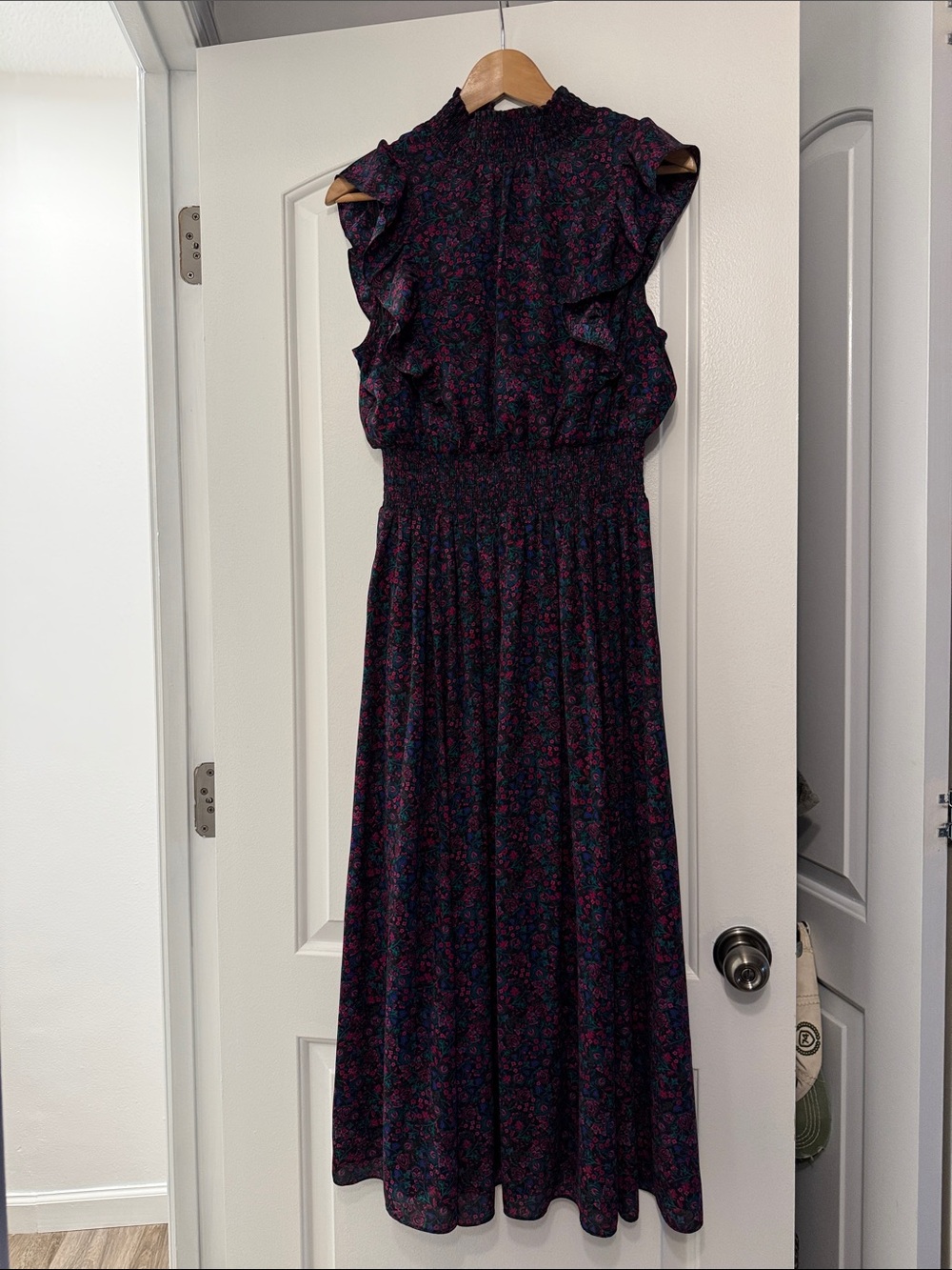 Smocked Waist Floral Maxi Dress - Black ground with Blue, Pink & Green